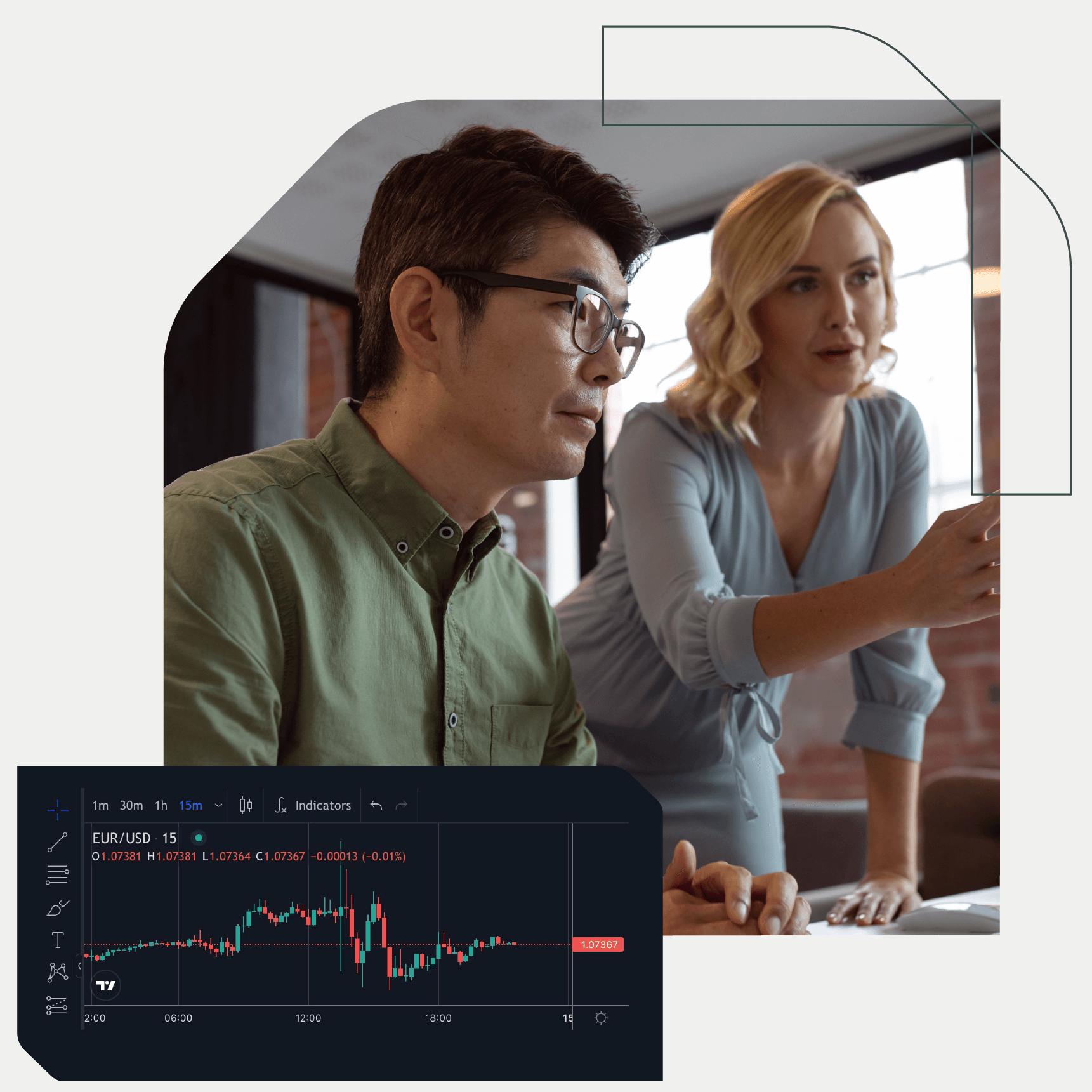 A man and a woman closely examining data on a computer screen. In the foreground, a financial chart is visible, it displays a graph showing an EUR/USD currency analysis